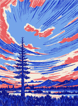 湖景夕阳傍晚手绘线条风景画钢笔画