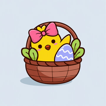 可爱小黄鸡蝴蝶结花篮矢量儿童插画Q版