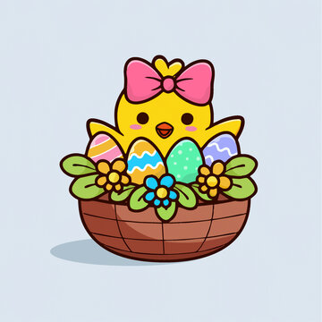 可爱小黄鸡蝴蝶结花篮彩蛋矢量儿童插画Q版