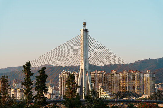 西双版纳城市斜拉桥与建筑群景观