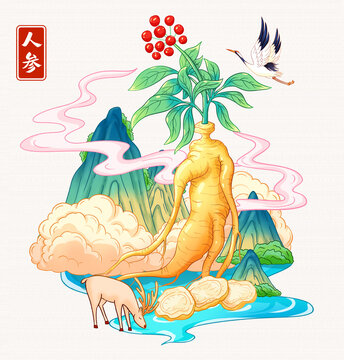 人参国风插画手绘