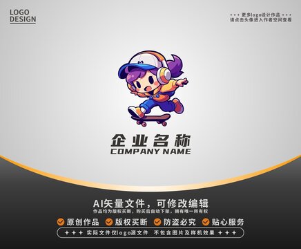 卡通潮流滑板女孩LOGO