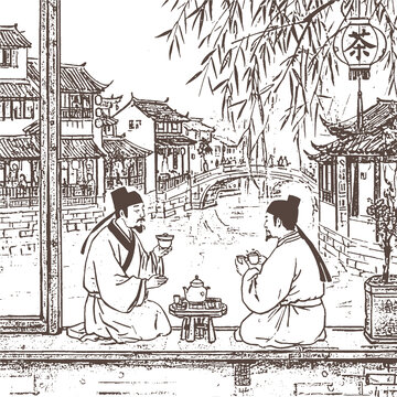 宋代江南小镇古人品茶喝茶线稿底纹矢量图