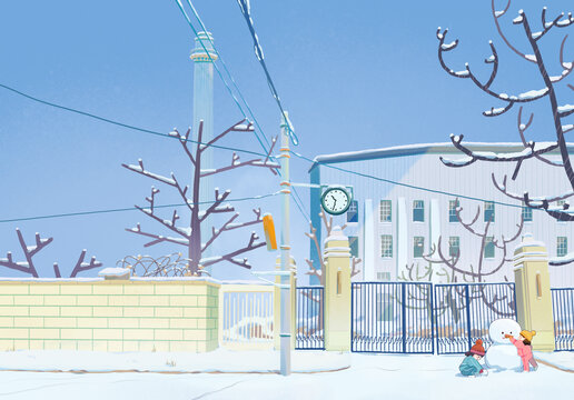 插画冬天城市里的人堆雪人