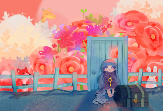 插画花园门外的女孩