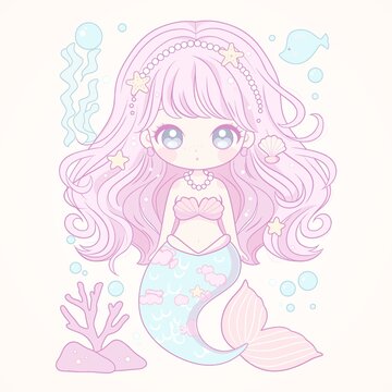 甜美可爱美人鱼插画