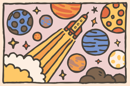 现代涂鸦卡通太空火箭手绘宇宙星球儿童背景