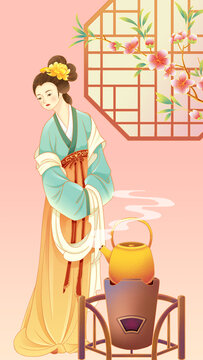 唯美国风仕女围炉煮茶