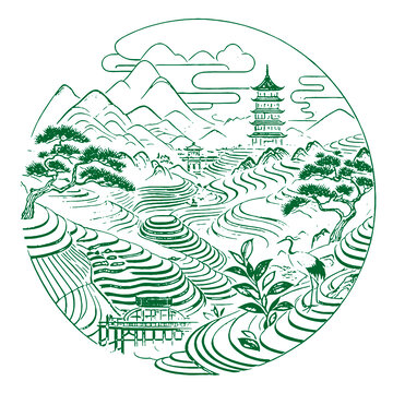 山水画手绘线稿底纹古建筑包装设计矢量素材