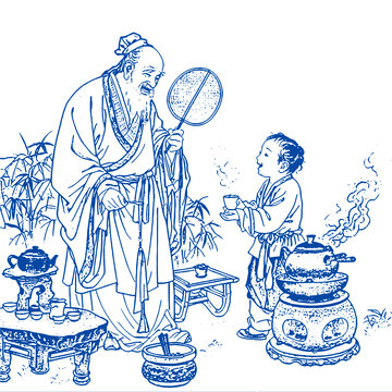 古代煮茶底纹手绘线稿茶叶包装设计矢量图