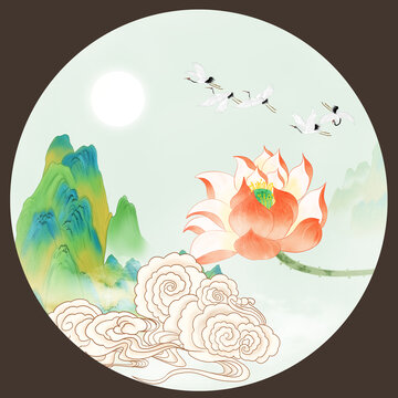 圆形荷花装饰画