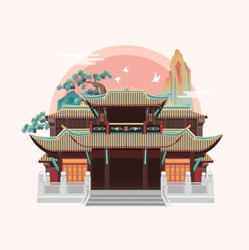 成都旅游景点古建筑青羊宫矢量插画
