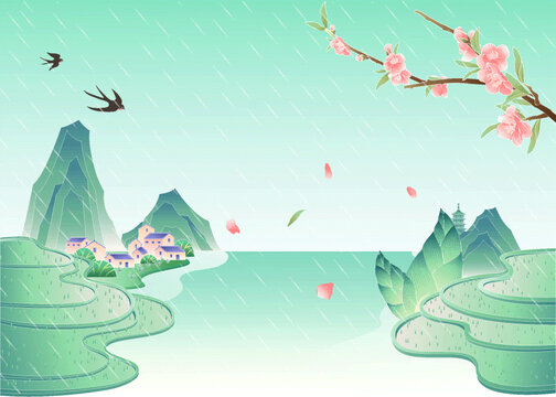 春天节气田野梯田矢量插画