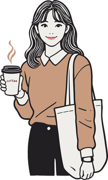 手拿咖啡女孩漫画线稿