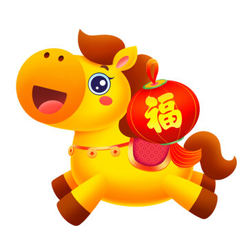 新年春节马年可爱小金马背灯笼插画元素
