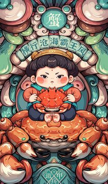 螃蟹国潮插画海产海鲜礼盒大闸蟹广告