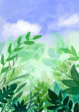 清新风绿色植物天空背景海报插画插图
