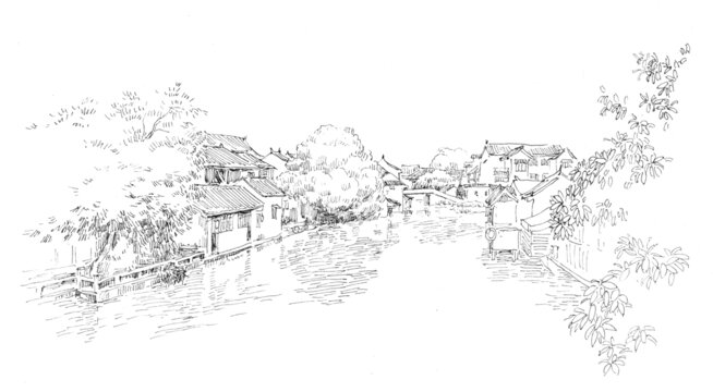 江苏苏州同里古镇钢笔画