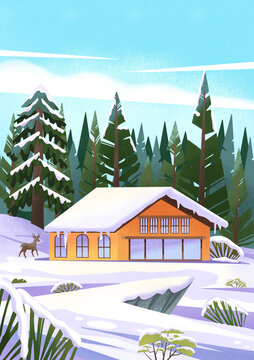 雪地森林小屋插画