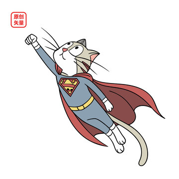 矢量插图动物可爱超级英雄小猫