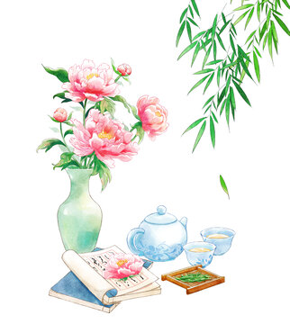牡丹花下的茶壶静物谷雨节气插画元素