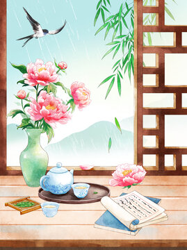 牡丹花下的茶壶静物谷雨节气插画