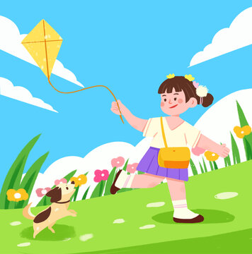 扁平可爱小女孩放风筝春分春天清明节插画