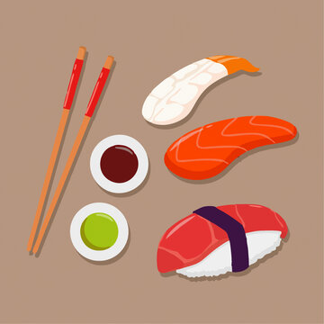 寿司筷子和调料卡通Q版儿童插画