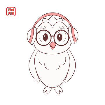 矢量插图动物简约线条戴耳机猫头鹰