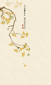 银杏中式玄关背景墙装饰画