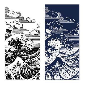 矢量意境波浪纹黑白图案