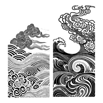 矢量黑白祥云波浪压纹图案
