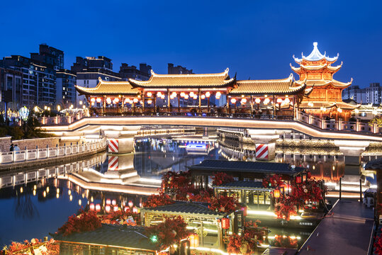 浙江台州市路桥宋韵十里长街福星阁河夜景