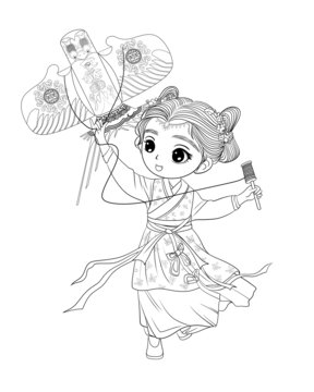 古代放风筝的女孩线稿