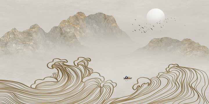 国潮金色线条海浪山水画