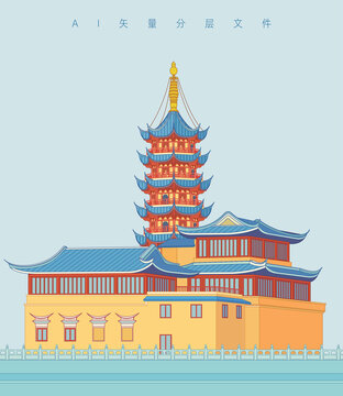 南京地标建筑景点鸡鸣寺寺庙插画设计素材