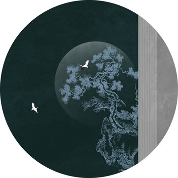 工笔圆形线描松鹤图瑞鹤图框画