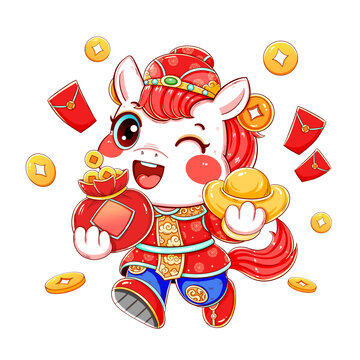 新年春节生肖抱福袋拜年小白马插画元素