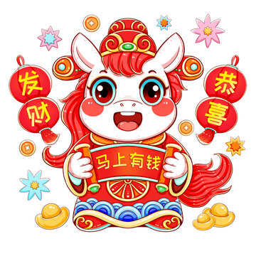 新年春节生肖财神拜年小白马插画元素