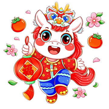 新年春节生肖提灯笼小白马插画元素