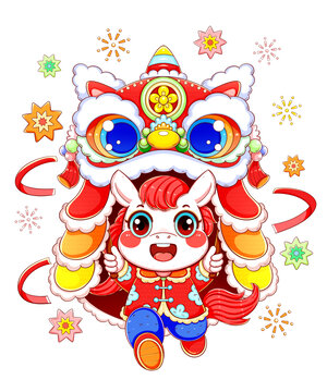 新年春节生肖舞狮拜年小白马插画元素