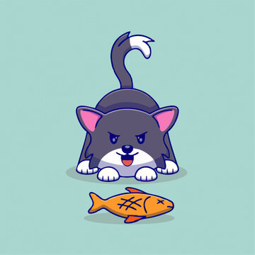 准备扑向鱼的灰色卡通小猫
