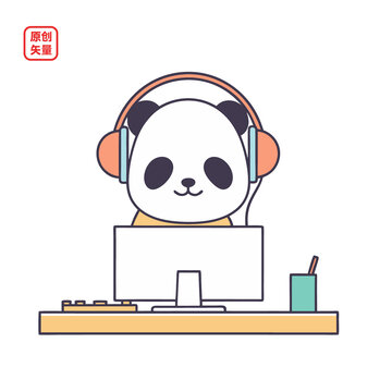 矢量插图动物卡通戴耳机熊猫