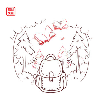 矢量插图简约线条书包课本