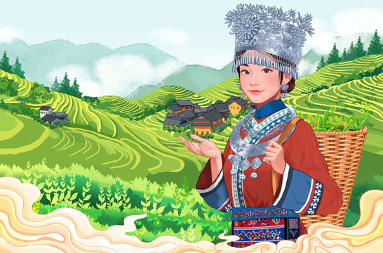 贵州特产包装设计少数民族苗族姑娘插画手绘