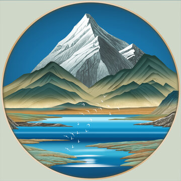手绘高原雪山森林湖泊