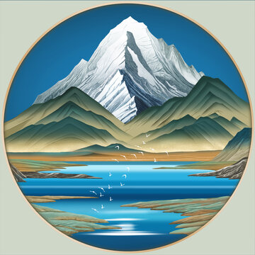 手绘高原雪山森林湖泊