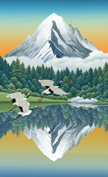 手绘高原雪山森林湖泊
