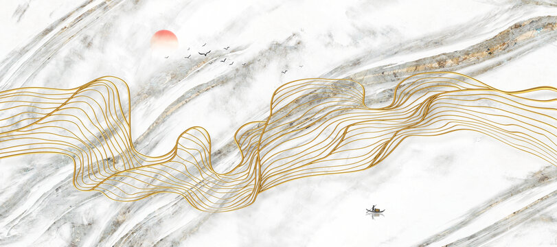金色线条山水画