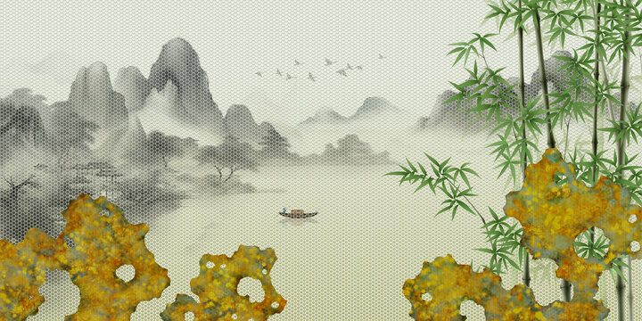 新中式竹子江山如画背景墙